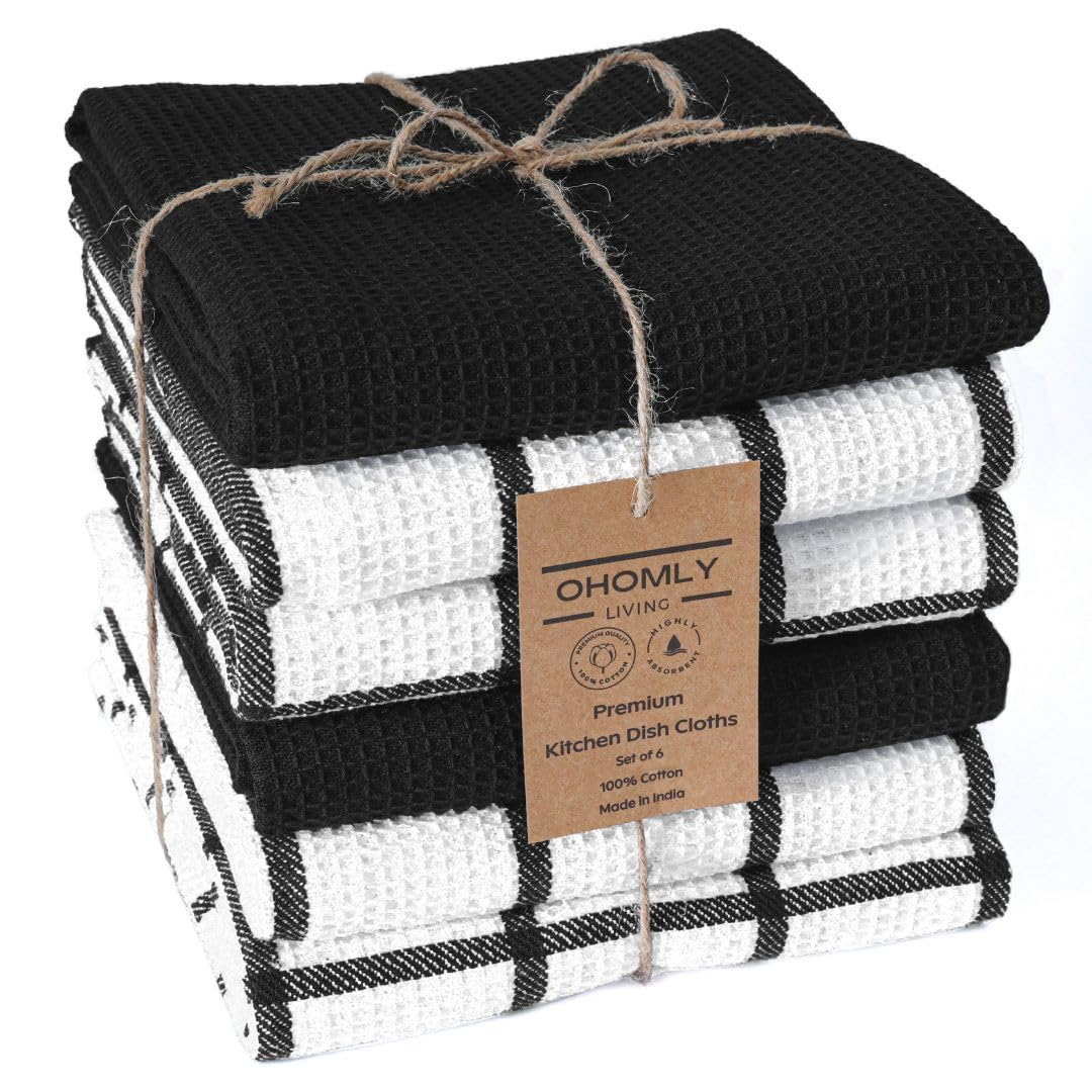 Assorted Waffle Kitchen Towels 100% Cotton Set of 6 - Heavy Duty 320 GSM Quality Dish Cloths Towel - Soft Absorbent Washable for Kitchen Use - Quick Drying Dish Towel 16x26 inch Grey