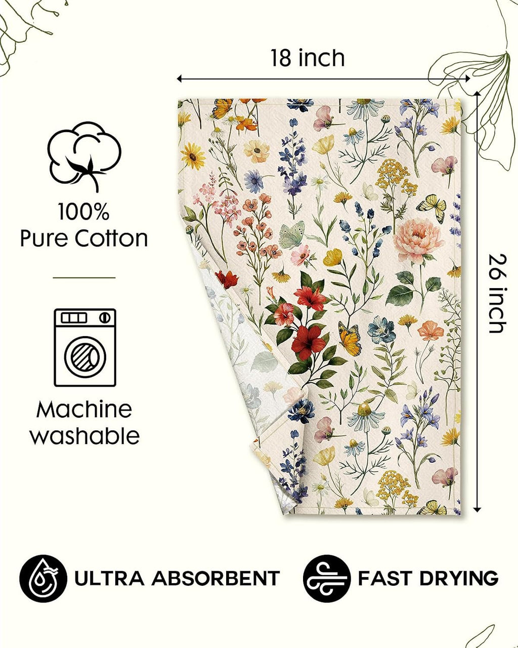 Miss Adola 150GSM Flour Sack Kitchen Towels Set of 2, Vintage Flower