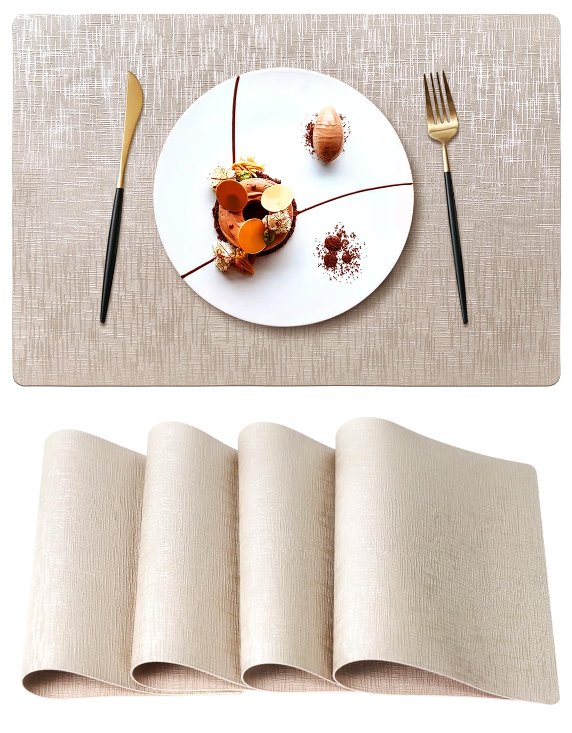 COOLMI Beige Placemats Set of 4, Washable Woven PVC Table Mats, Heat Resistant Non-Slip Place Mats for Dining Table, Flat Pack No Curled Edges, Indoor Outdoor, 17 x 12 Inch