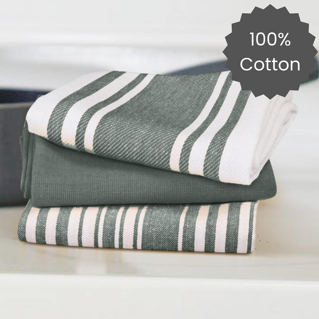 Cotton Clinic Assorted Kitchen Towels 5 Pack – Soft Absorbent Quick Drying Table & Kitchen Linen - Dish Towels, Dish Cloths, Tea Towels and Cleaning Towels with Hanging Loop – 16x28 / Grey White