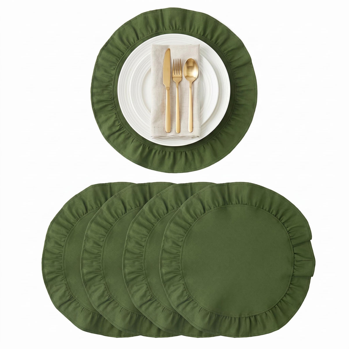 Round Ruffled Linen Blend Placemats, 15 Inch Scalloped Table Mats, Set of 4