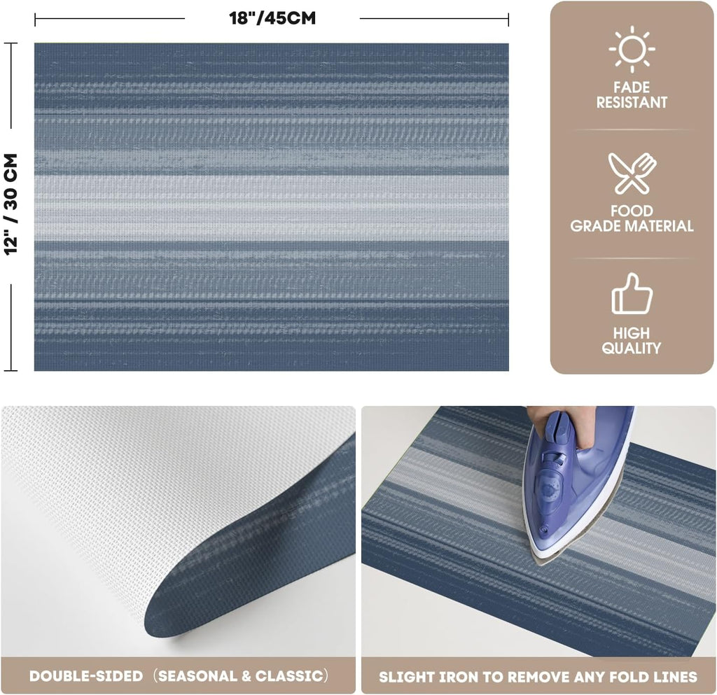Artoid Mode Navy Blue Gradient Stripes Placemats Set of 4, Washable Heat Resistant Non-Slip Woven Plastic PVC Place Mats for Farmhouse Party Kitchen Dining Decor