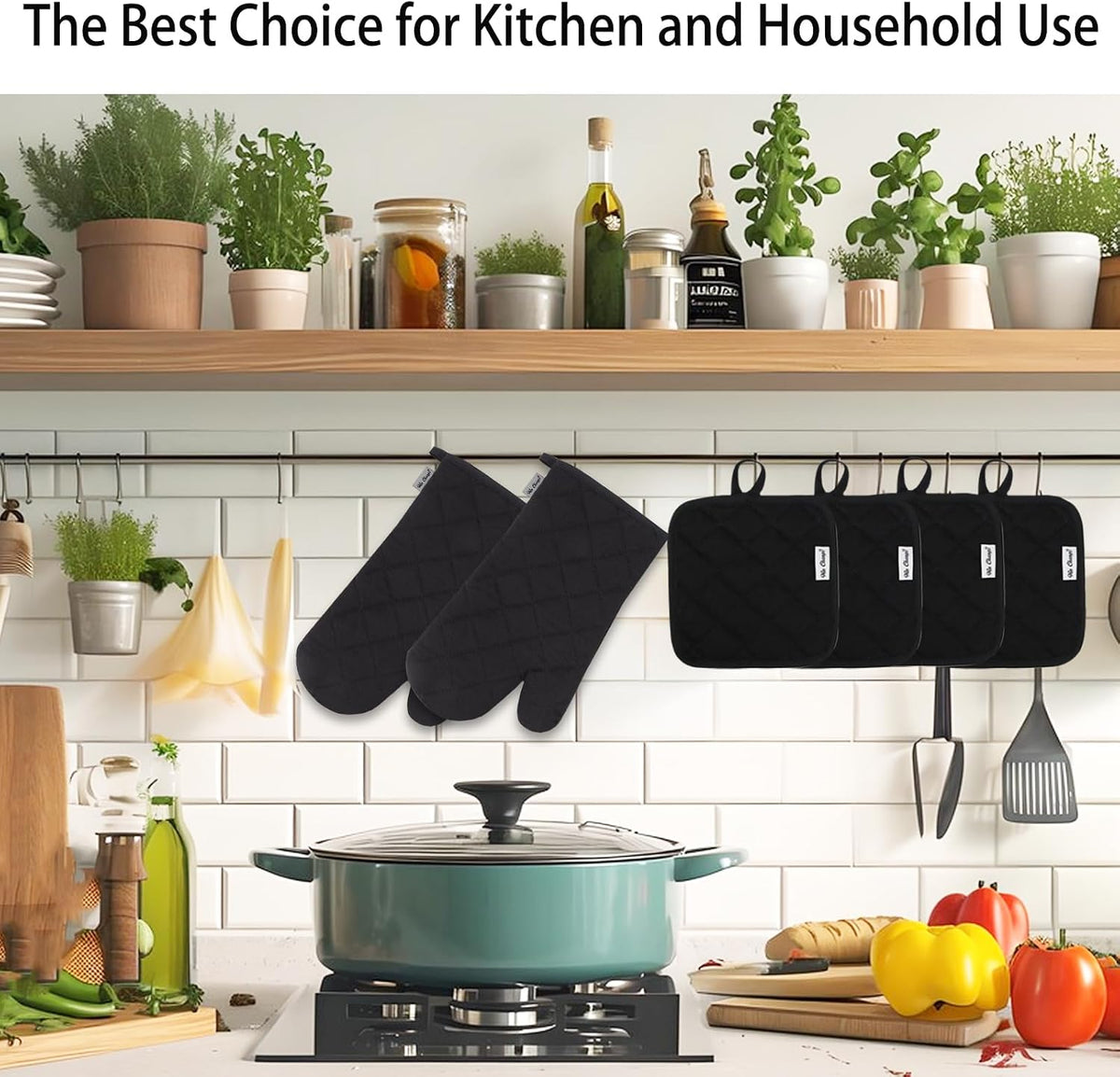Oven Mitts and Pot Holders Sets,6 Pcs Oven Mitts and Potholders with Recycled Cotton High Heat Resistant Extra Thick Long Oven Mitts for Cooking(Black)