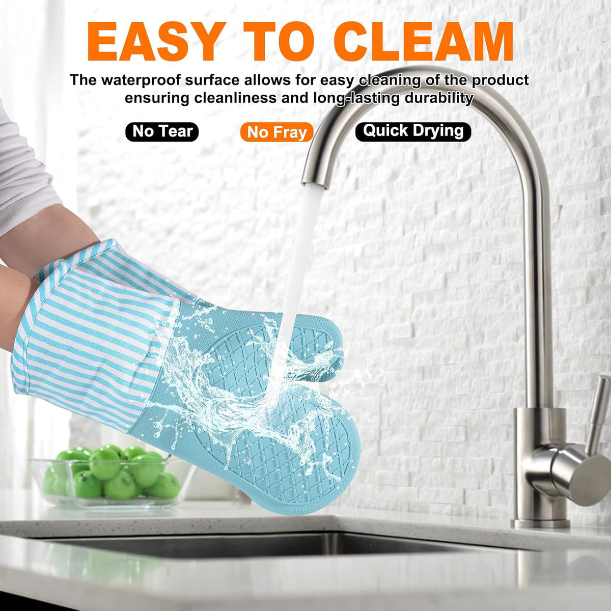Silicone Oven Mitts, Heat Resistant Oven Gloves with Quilted Liner, Waterproof & Non-Slip Kitchen Mittens for Baking Cooking BBQ, 500°F, 13.5"-Nordic Blue