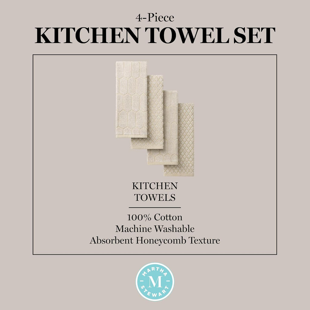 Martha Stewart Honeycomb Chambray Textured Kitchen Towel 4-Pack Set, 100% Cotton with Absorbent Terrycloth, Decorative Kitchen Towels, Natural, 16"x28"