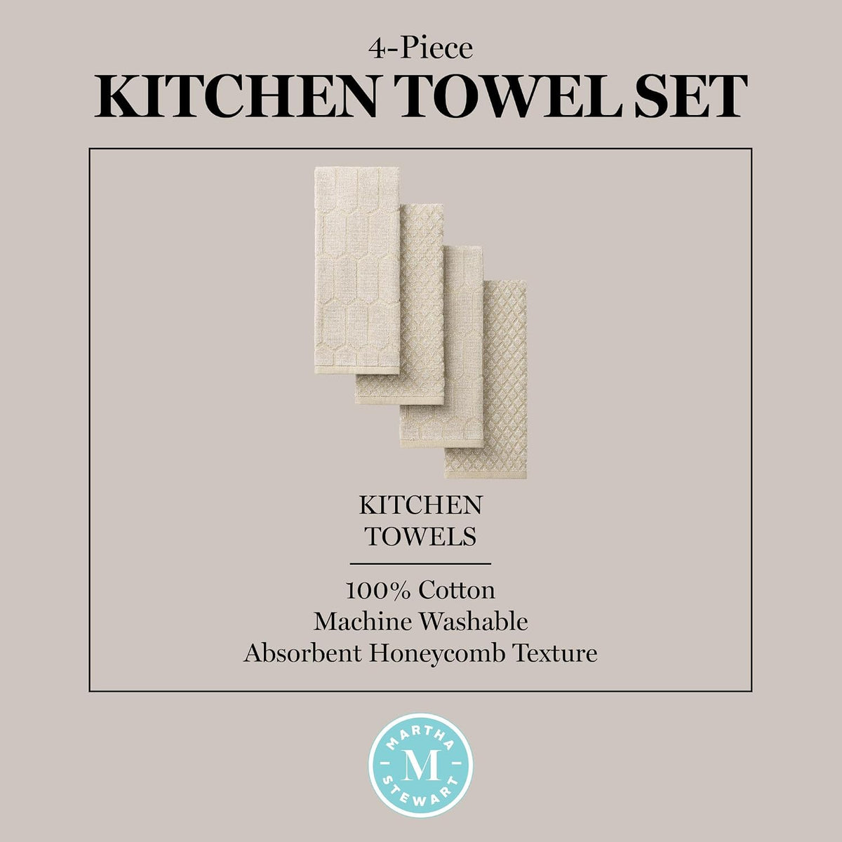 Martha Stewart Honeycomb Chambray Textured Kitchen Towel 4-Pack Set, 100% Cotton with Absorbent Terrycloth, Decorative Kitchen Towels, Natural, 16"x28"