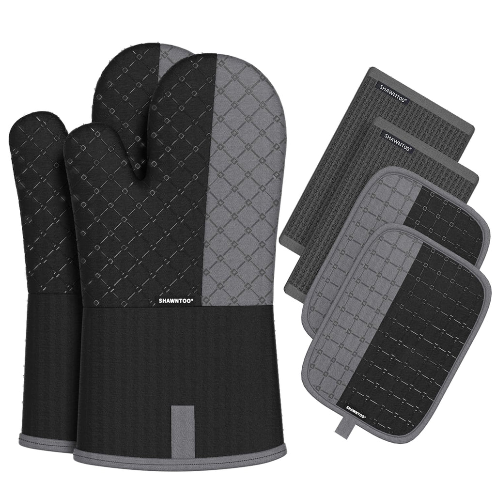 Oven Mitts and Pot Holders Sets 6pcs, Kitchen Oven Glove,High Heat Resistant 550 Degree Extra Long Oven Mitts and Potholders with Non-Slip Silicone Surface for Home Essentials (Grey) (Gray)