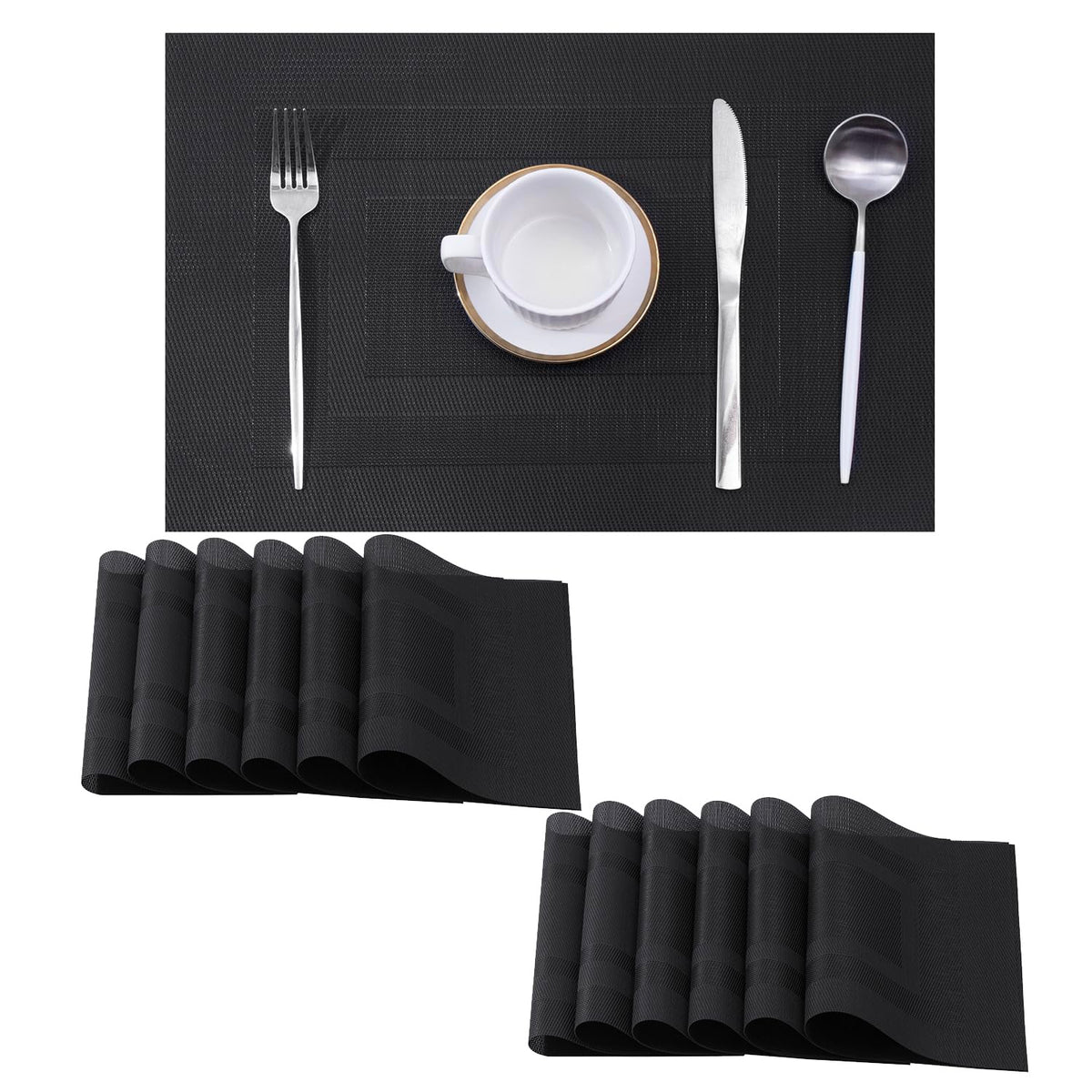 Beige Placemats Set of 6 - Heat-Resistant, Non-Slip Table Mats, Washable Woven Vinyl for Indoor & Outdoor Dining