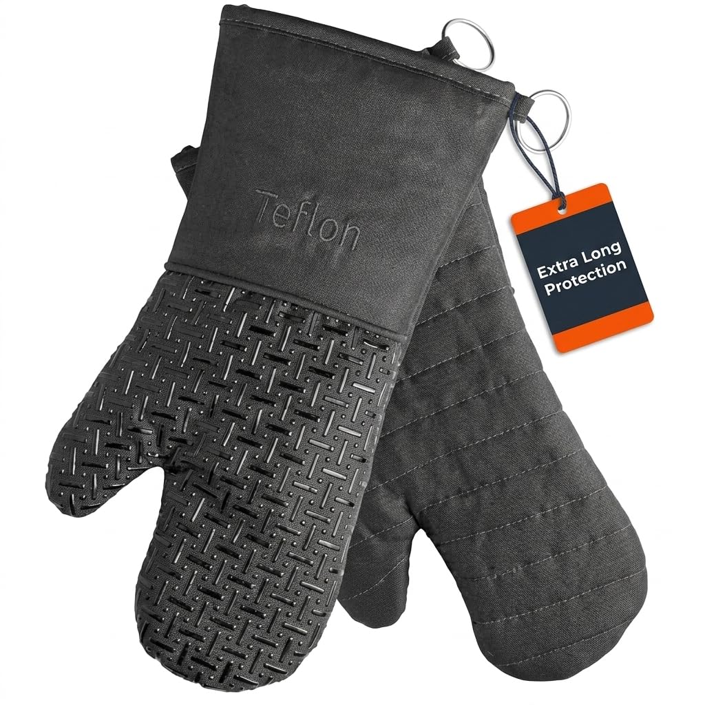 Xlnt Extra Long Oven Mitts (Black) | Teflon EcoElite Water Repellent | Heat Resistant for Oven Cooking, Grill & BBQ | Non Slip Gloves with Teflon EcoElite Finish, Cotton Lining & Hanging Loop