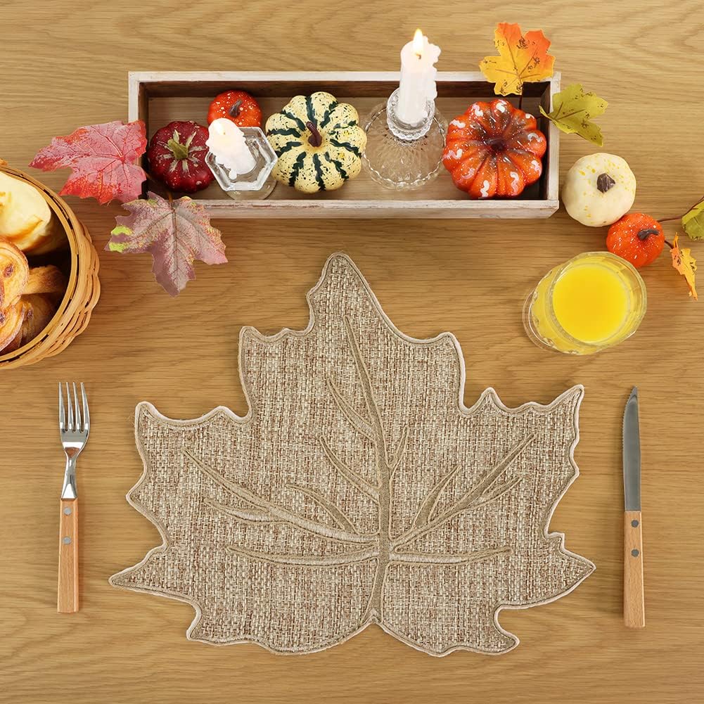 Feuille Fall Placemats Set of 4 – Leaf Placemats for Thanksgiving Harvest Natural Color Burlap, Polyester Autumn Placemats for Fall Decorations