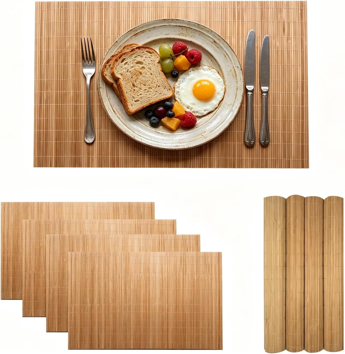 4-Pack Bamboo Placemats,Woven Heat-Resistant Rectangular Table Mats,Natural Dining Place Mats,Rustic Japanese Style Wood Mats for Indoor Dining,Kitchen and Party Use, Coffee