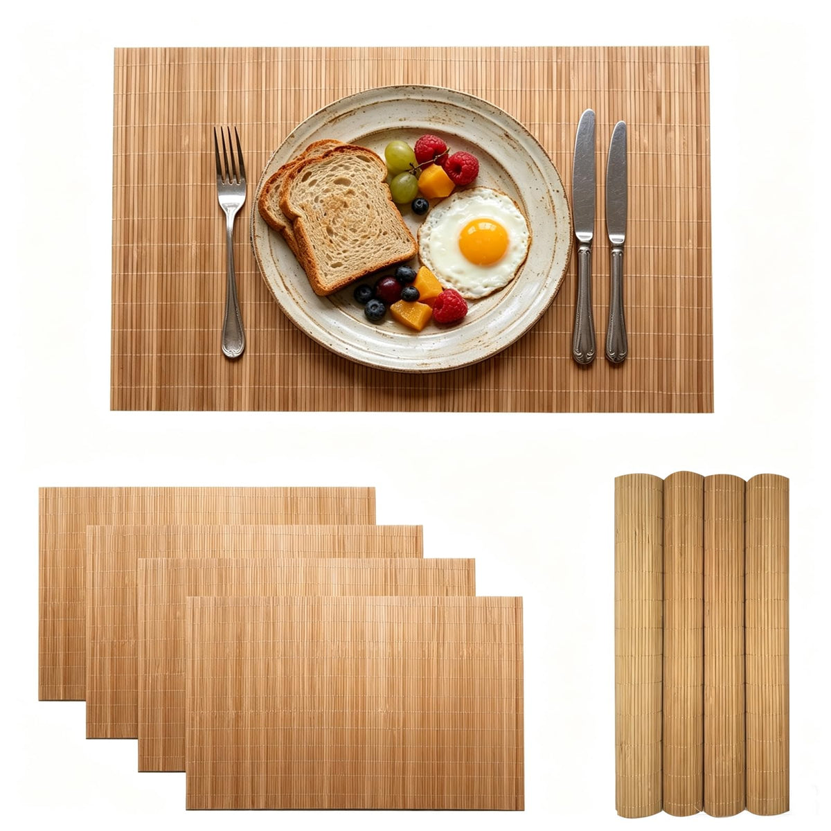 4-Pack Bamboo Placemats,Woven Heat-Resistant Rectangular Table Mats,Natural Dining Place Mats,Rustic Japanese Style Wood Mats for Indoor Dining,Kitchen and Party Use, Coffee