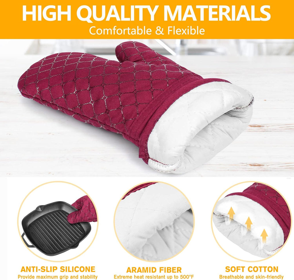 6 Pcs Oven Mitts and Pot Holders, 500℉ Heat Resistant Oven Mitts with Kitchen Towels Soft Cotton Lining and Non-Slip Silicone Surface Safe for Baking, Cooking, BBQ (Red)