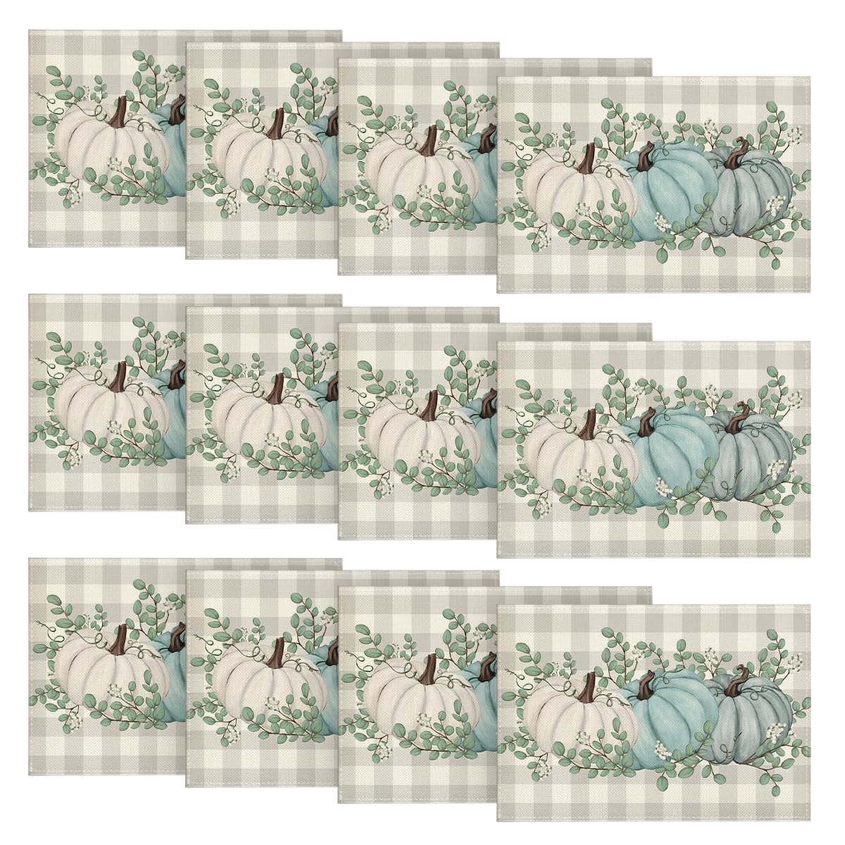 Artoid Mode Pumpkins Eucalyptus Leaves Fall Placemats Set of 4, 12x18 Inch Autumn Thanksgiving Harvest Vintage Table Mat for Party Dining Decoration