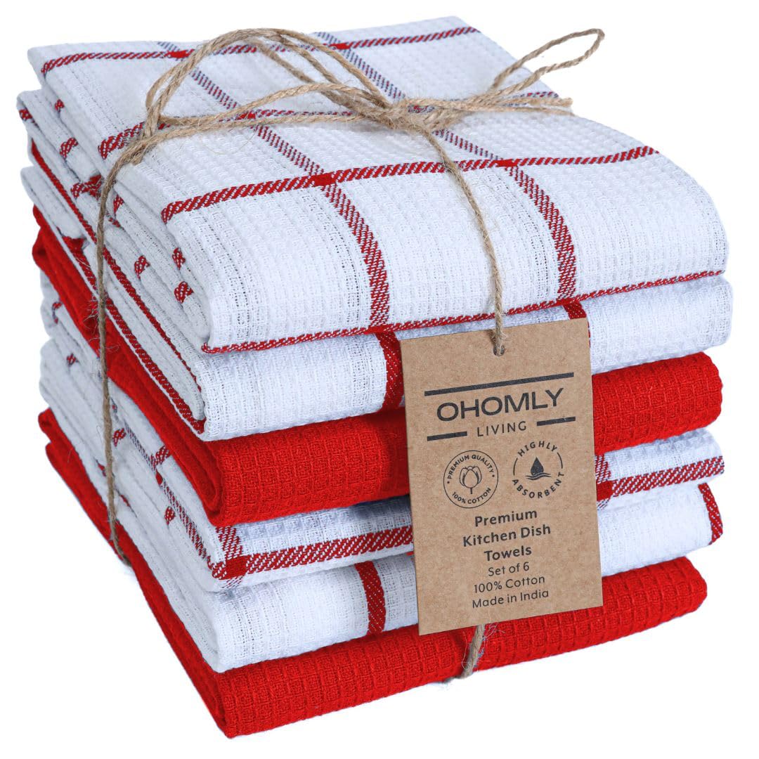 Assorted Waffle Kitchen Towels Set of 6-100% Cotton Dish Cloths Towels with Hanging Loop - Soft, Absorbent & Washable for Kitchen Use - Quick Drying Dish Towels 16x26 Inch Grey