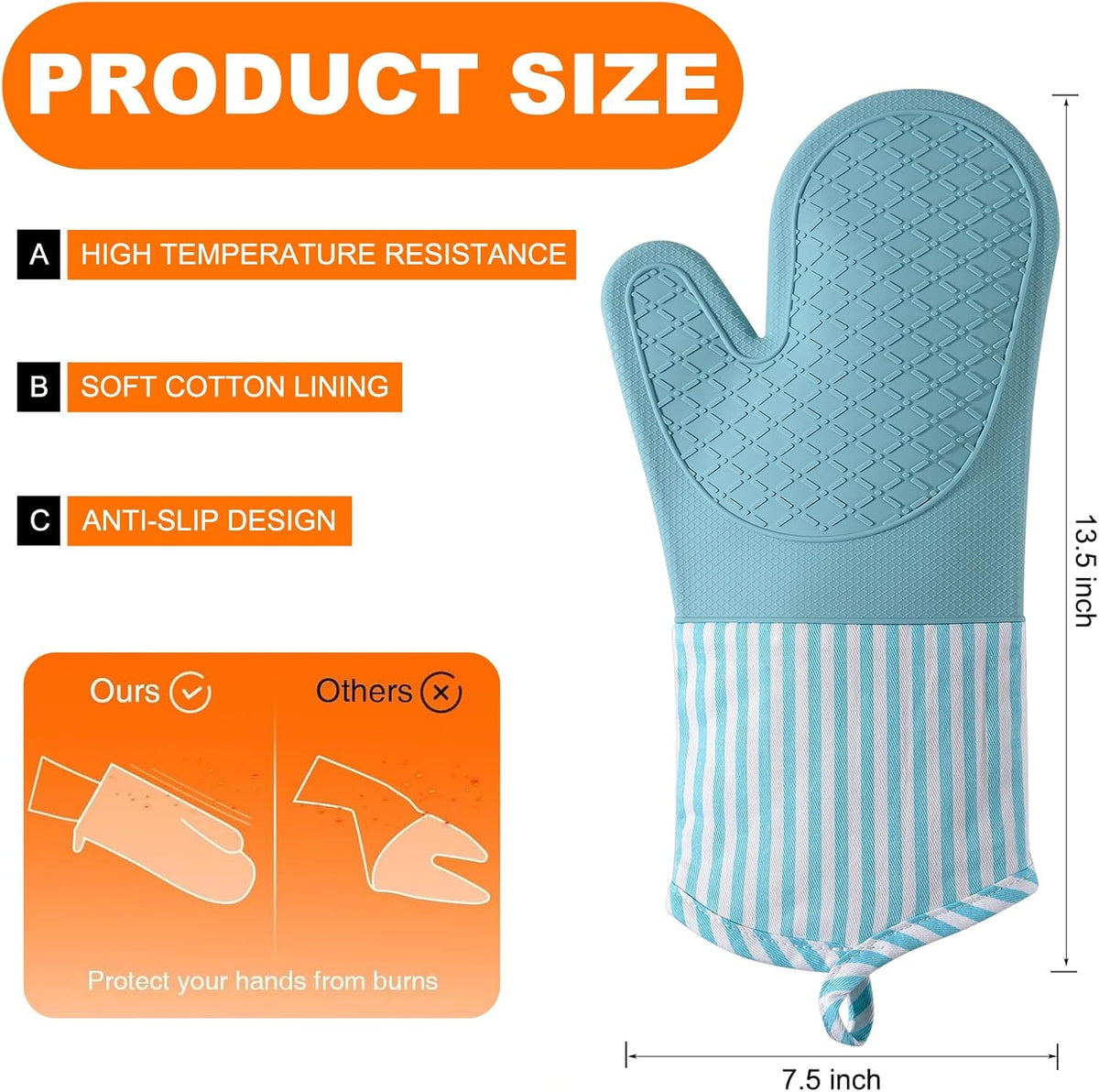 Silicone Oven Mitts, Heat Resistant Oven Gloves with Quilted Liner, Waterproof & Non-Slip Kitchen Mittens for Baking Cooking BBQ, 500°F, 13.5"-Nordic Blue