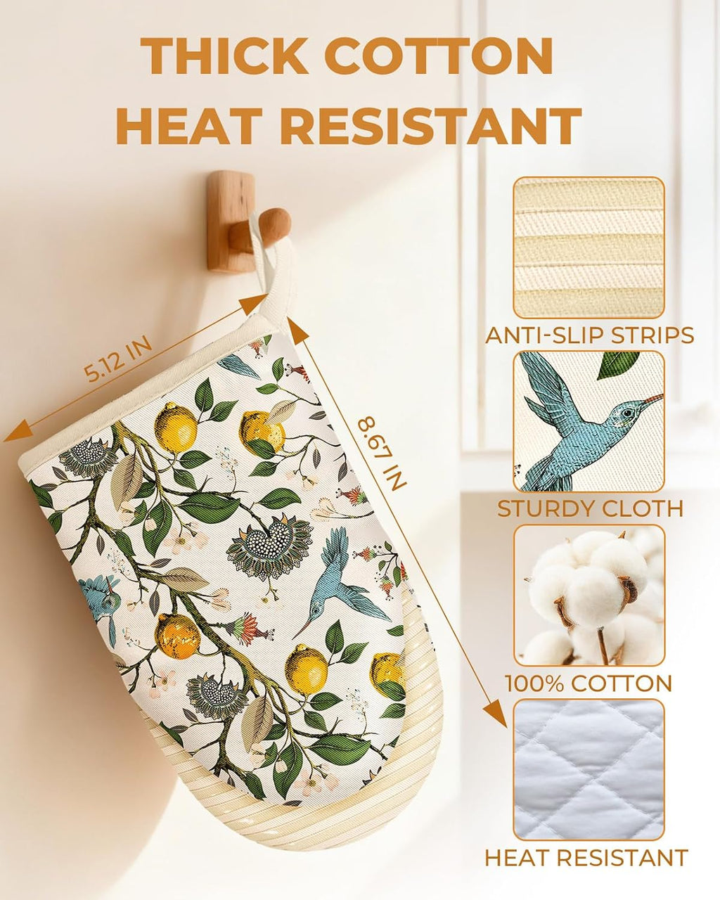 100% Thick Cotton Mini Oven Mitts Silicone Grip Lemon & Birds