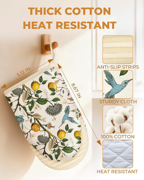 100% Thick Cotton Mini Oven Mitts Silicone Grip Lemon & Birds