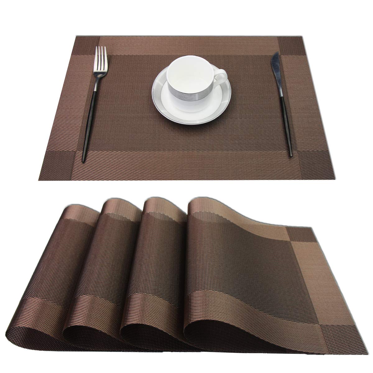 PIGCHCY Place Mats Heat-Resistant Non Slip Placemats Easy Wipe Clean Table Mats Woven Vinyl Placemats for Dining Table(Set of 6, Brown)