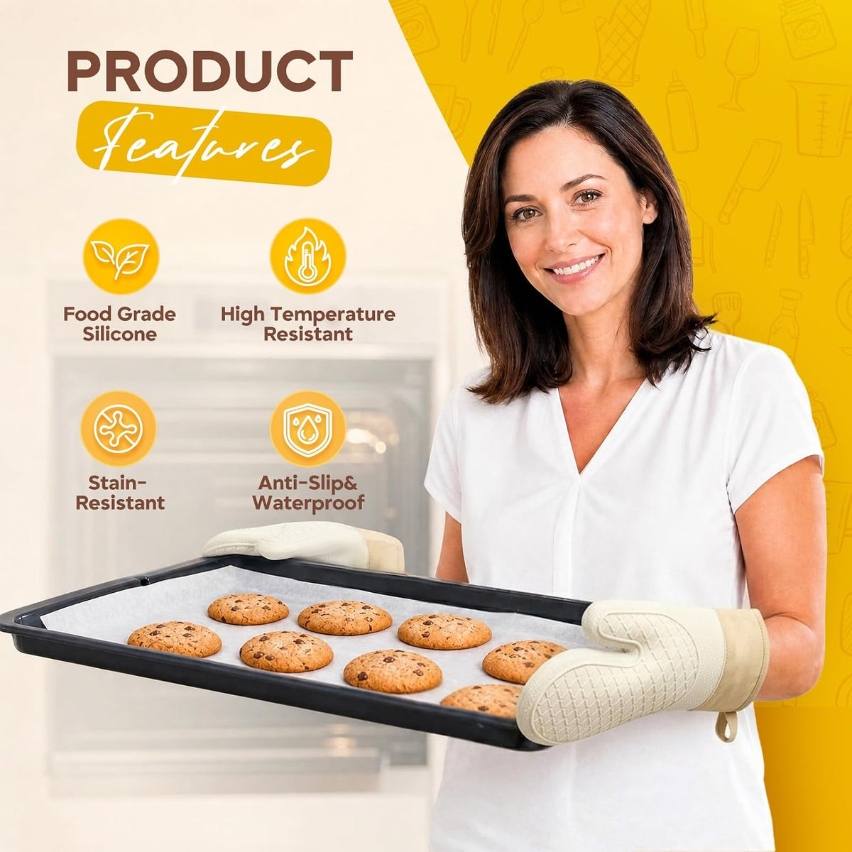 Silicone Oven Mitts 2 PCS, Heat Resistant Non-Slip Cotton Lining for Baking