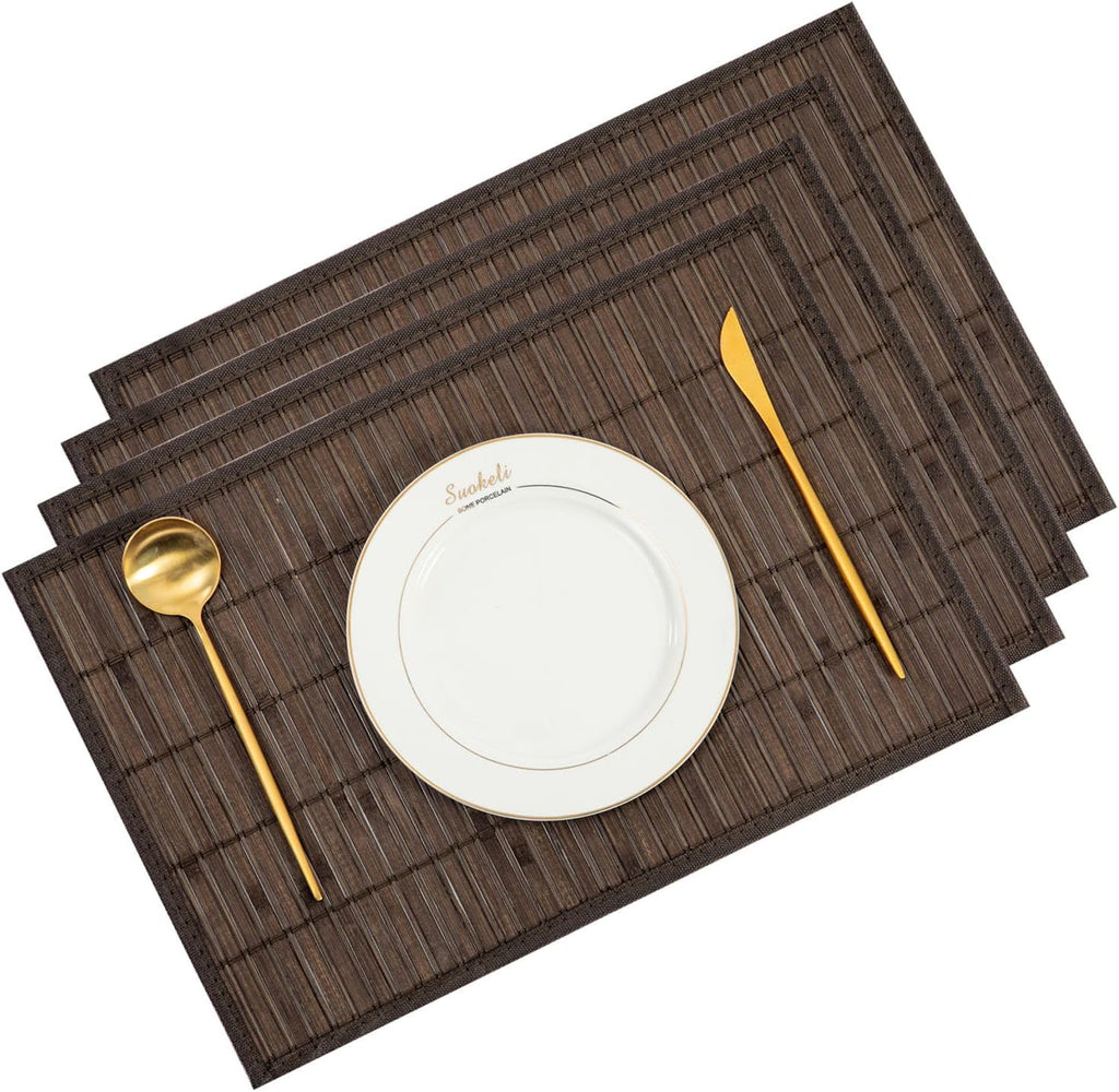 Bamboo Placemats Set of 4 with Fabric Border, Table Mats, Coffee