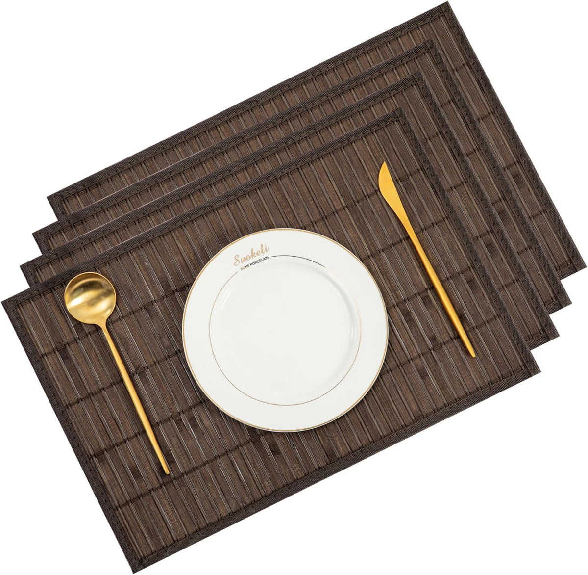 Bamboo Placemats Set of 4 with Fabric Border, Table Mats, Coffee