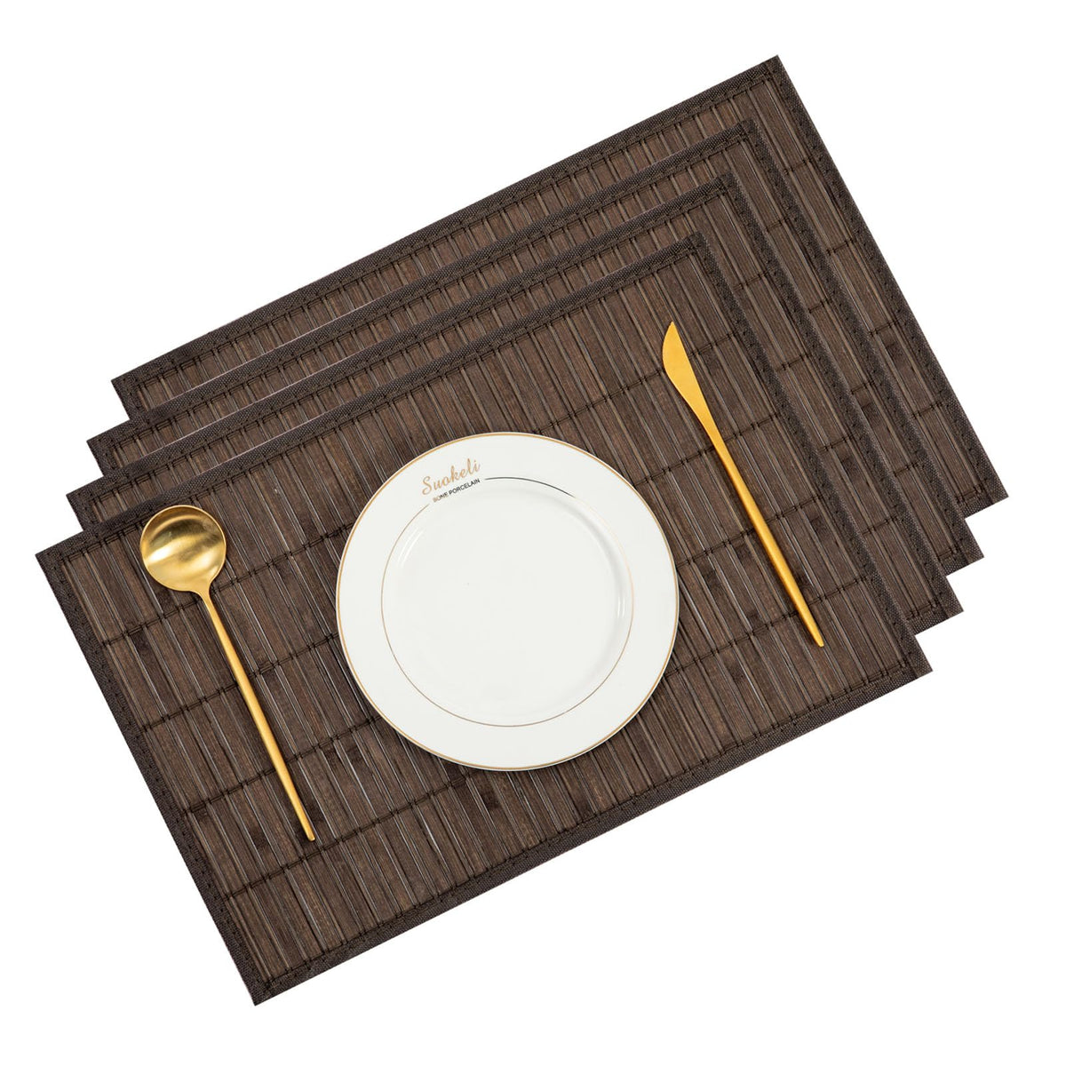 Bamboo Placemats Set of 4 with Fabric Border, Table Mats, Coffee