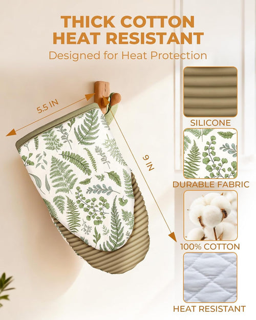 100% Thick Cotton Oven Mitts Ribbed Soft Silicone Natural Leaf