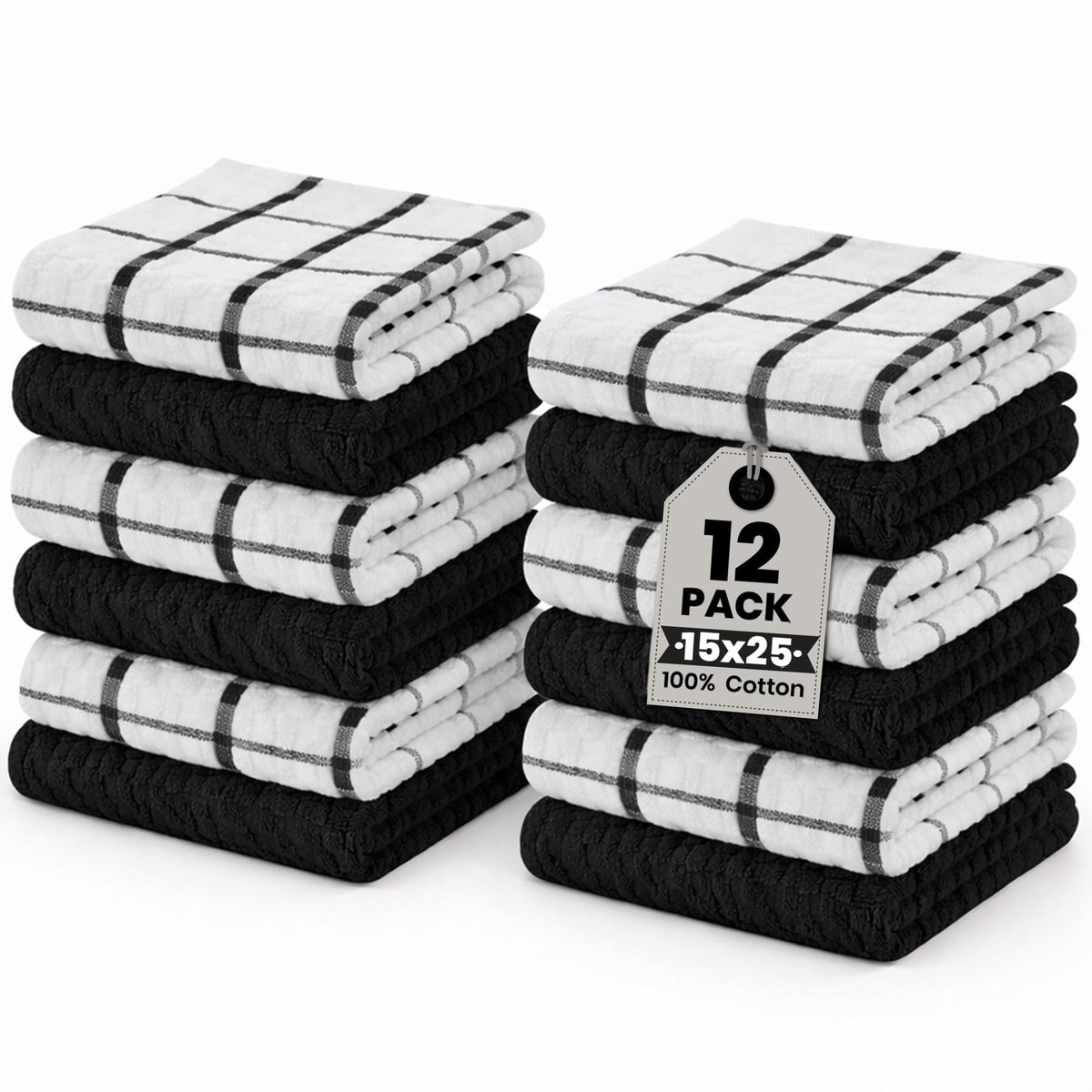 GOLD TEXTILES Kitchen Towels 12 Pack, Waffle Weave Cotton, 15x25in (Grey)