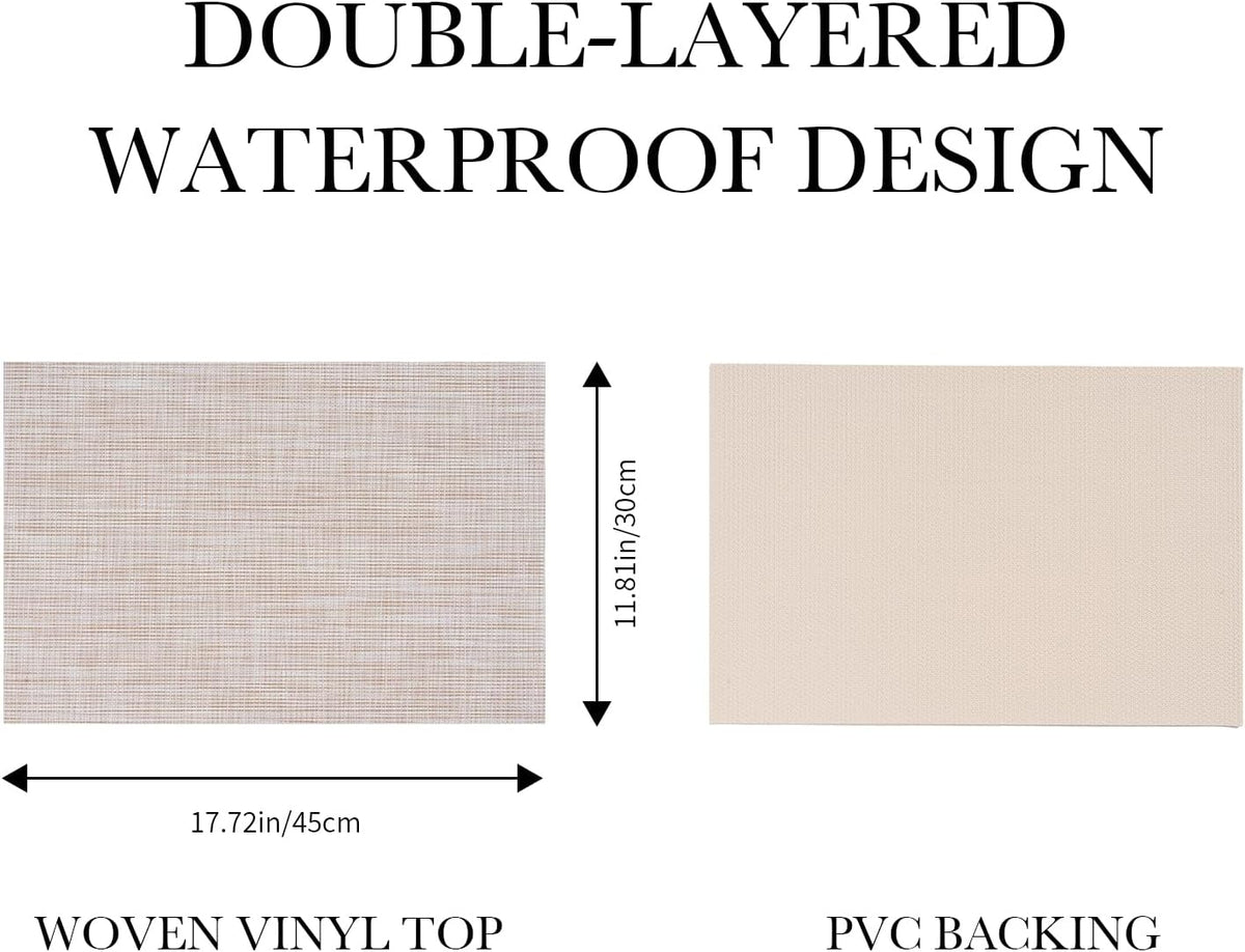 BACKTOEDEN Leakproof Placemats Set of 6, 2-Layer Waterproof placemat for No More Stains, Heat-Resistant Easy Clean Vinyl Table Place Mats for Kitchen Dining Indoor Outdoor, Beige