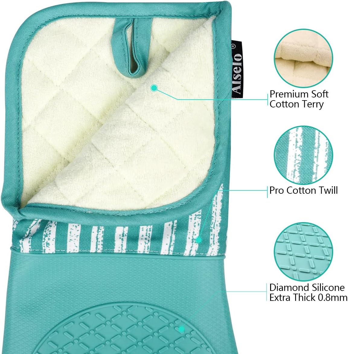 Alselo Silicone Oven Mitts Heat Resistant 932℉ with Waterproof & Non-Slip