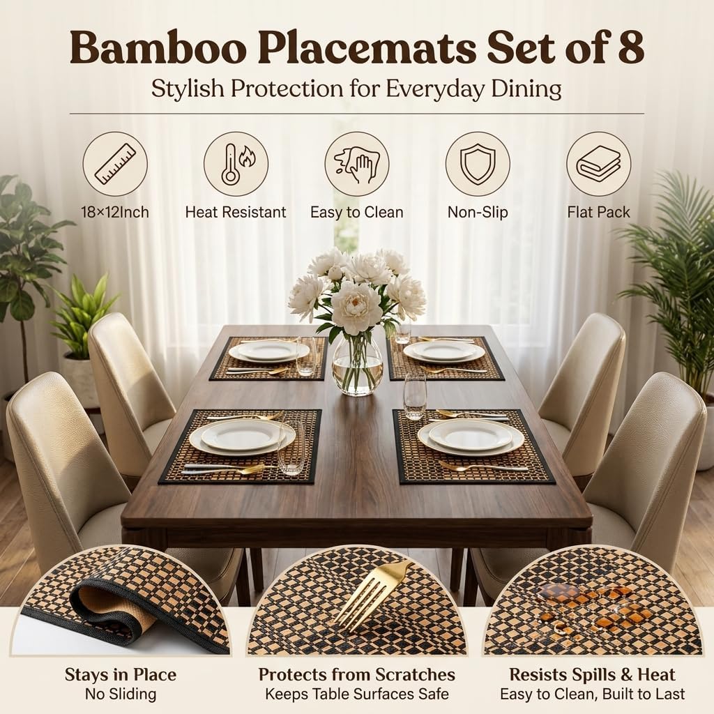 Eorbow 8 Pack Bamboo Placemats, Natural Anti-Slip Dining Table Mats, Heat-Resistant Place Mats, Japanese Style Washable Placemats for Dining Room, Kitchen, Restaurant, 18 x 12 Inch