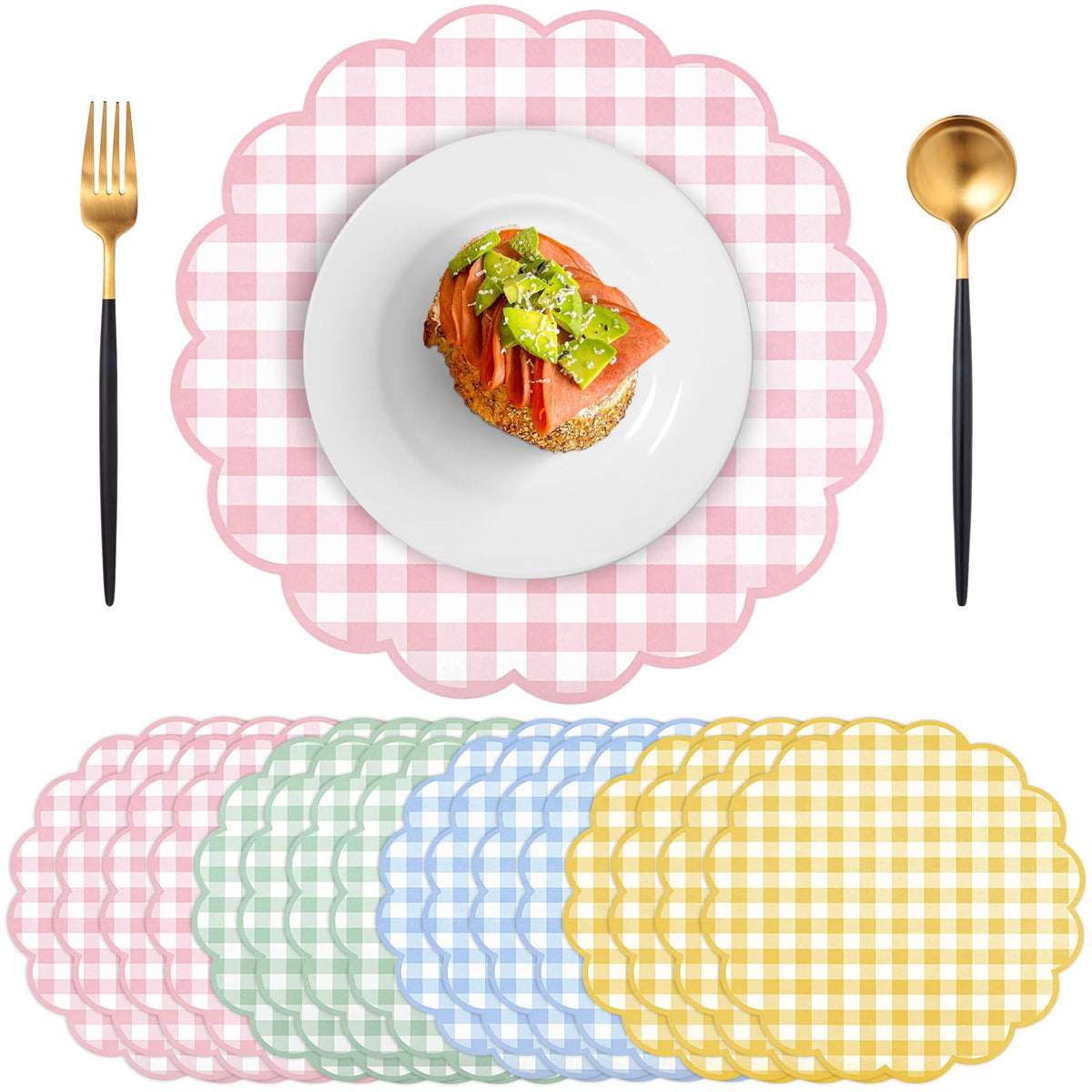 60 Pcs Sage Green Gingham Paper Placemats, Scalloped Checkered Place Mats