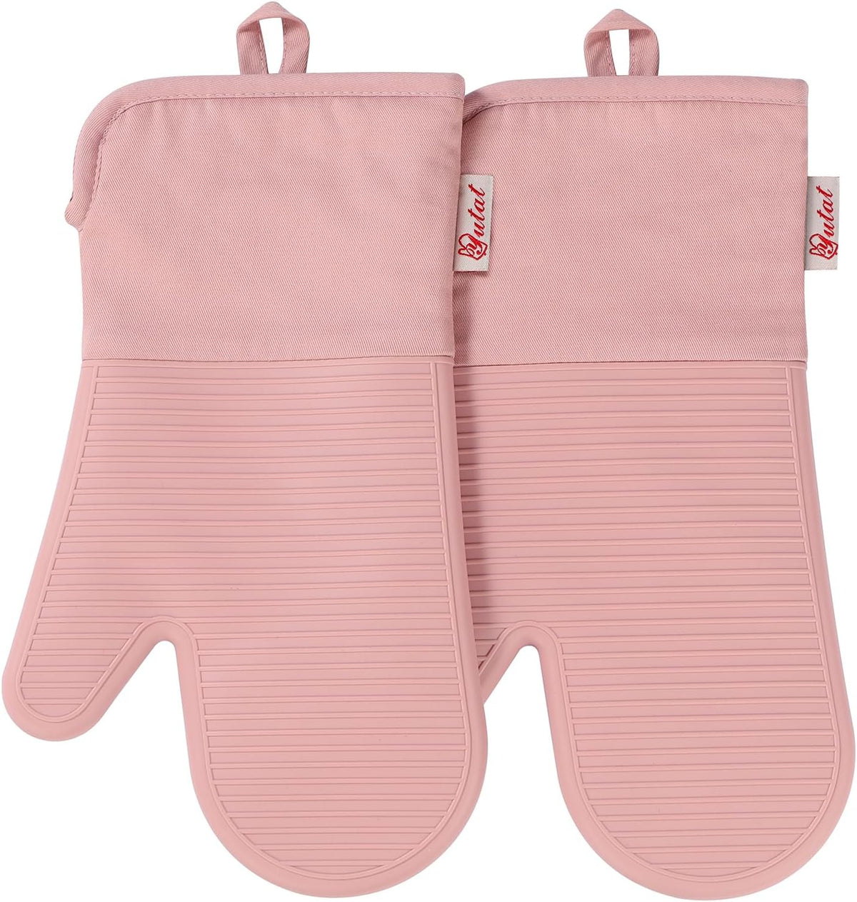YUTAT Silicone Oven Mitts,High Heat Resistant Up to 500 Degrees,Waterproof Cooking Gloves with Soft Polyester Filling,Kitchen Potholder Set - Perfect for BBQ,Baking and Cooking,Pink,2 Pcs Set