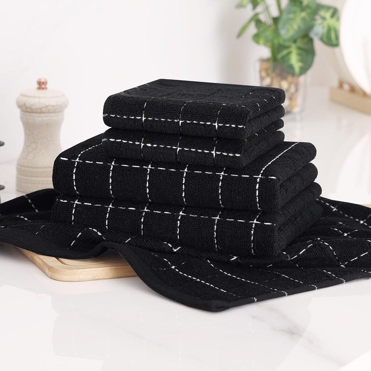 Homaxy Cotton Terry Kitchen Towels and Dishcloths Set of 8, Black