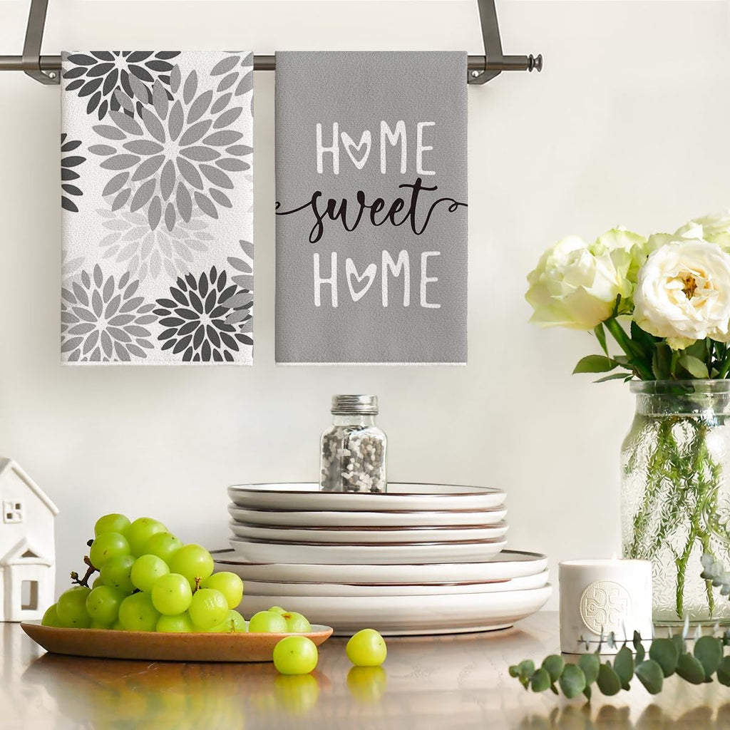 Artoid Mode Grey Home Sweet Home Stripes Boho Spring Kitchen Towels Dish Towels, 18x26 Inch Farmhouse Summer Decoration Hand Towels Set of 4