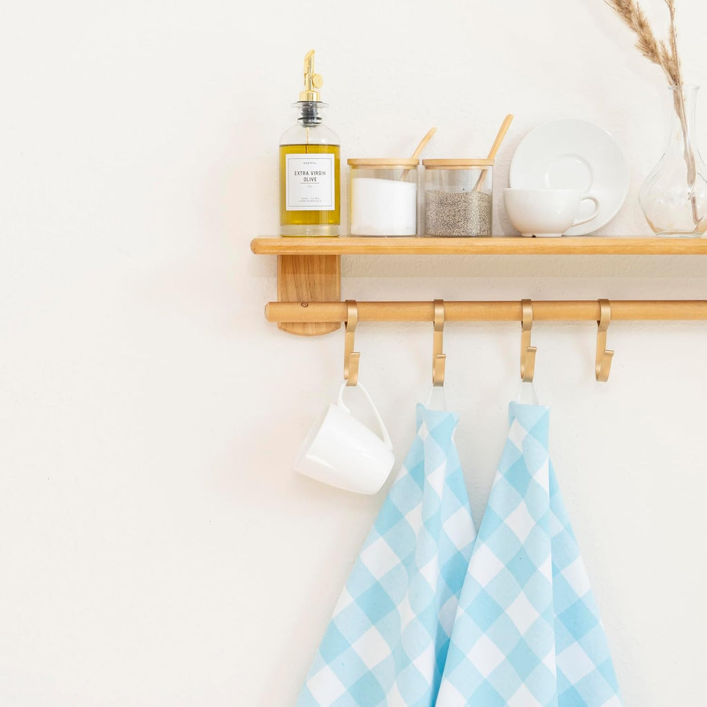 Aqua 6 Pack Large Cotton Tea Towels - 30" x 20" with Hanging Loop - Highly Absorbent, Lint-Free, Washable Teal Kitchen Towels - Plaid Pattern