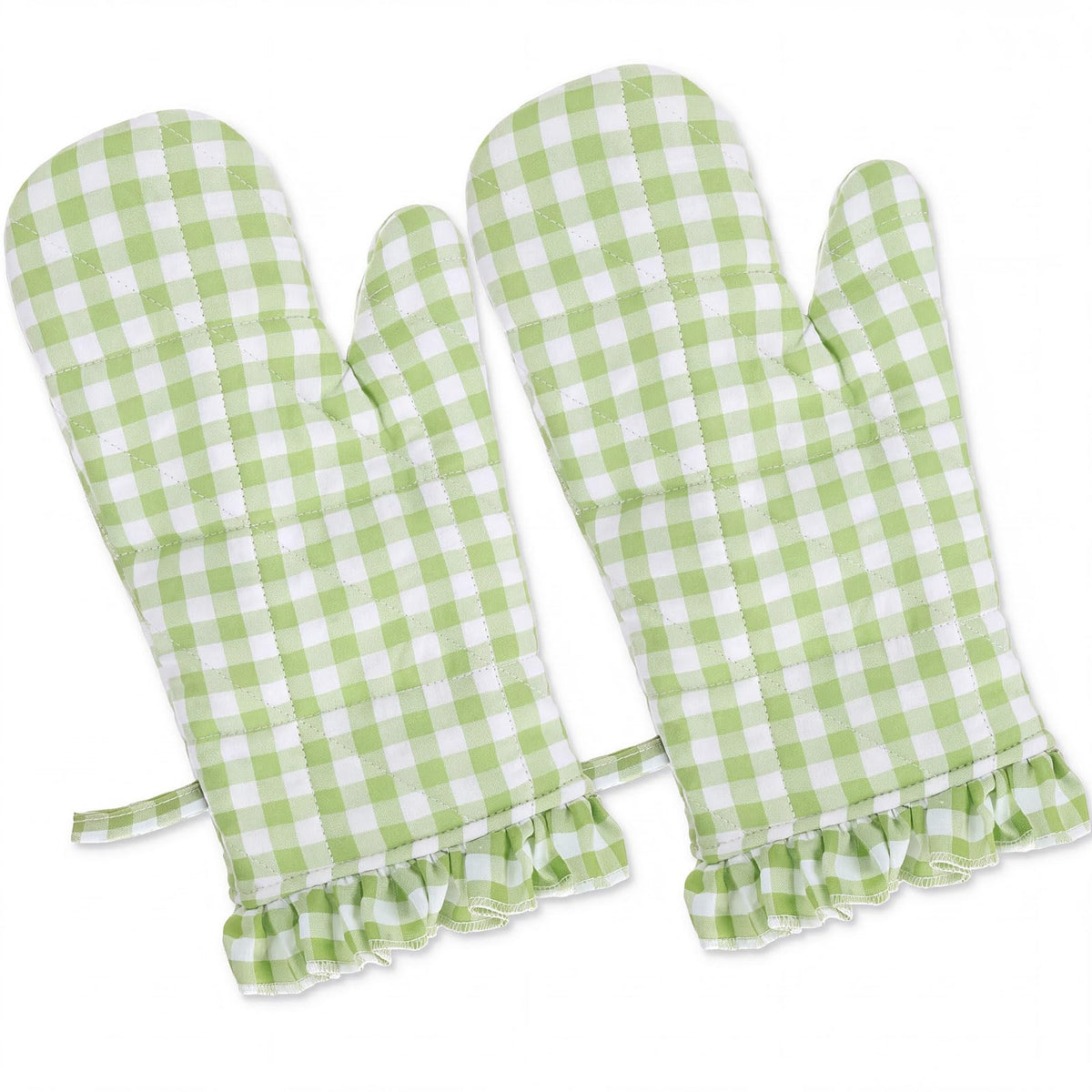 Twistover Ruffle Gingham Oven Mitts 2-Pack Set, Sage Green, 7"x13"