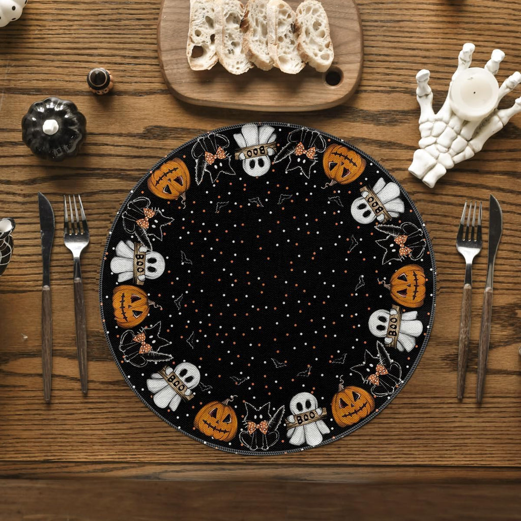 Artoid Mode Ghost Cat Halloween Round Placemats Set of 4-14 Inch