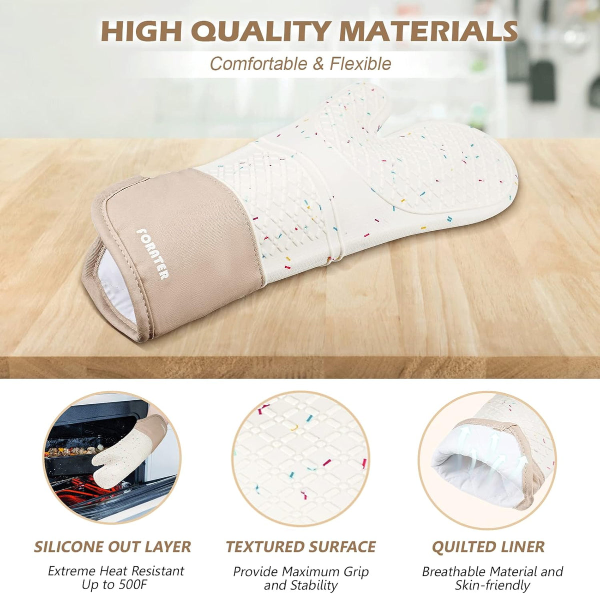 Extra Long Silicone Oven Mitts - Heat Resistant up to 500°F, 15'' Waterproof and Non-Slip Oven Gloves with Soft Quilted Liner - Perfect for BBQ, Cooking, Baking, and Grilling - 1 Pair, White