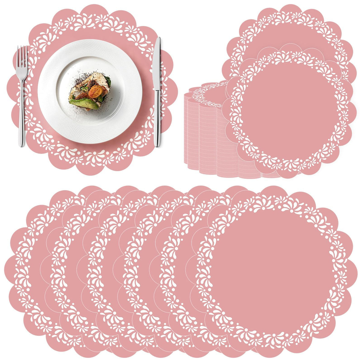 100 Pcs Fall Floral Paper Placemats 13.5 Inches Scalloped Brown Floral Paper Placemats Disposable Autumn Wildflower Place Mats for Wedding Bridal Baby Shower Thanksgiving Harvest Party Supplies