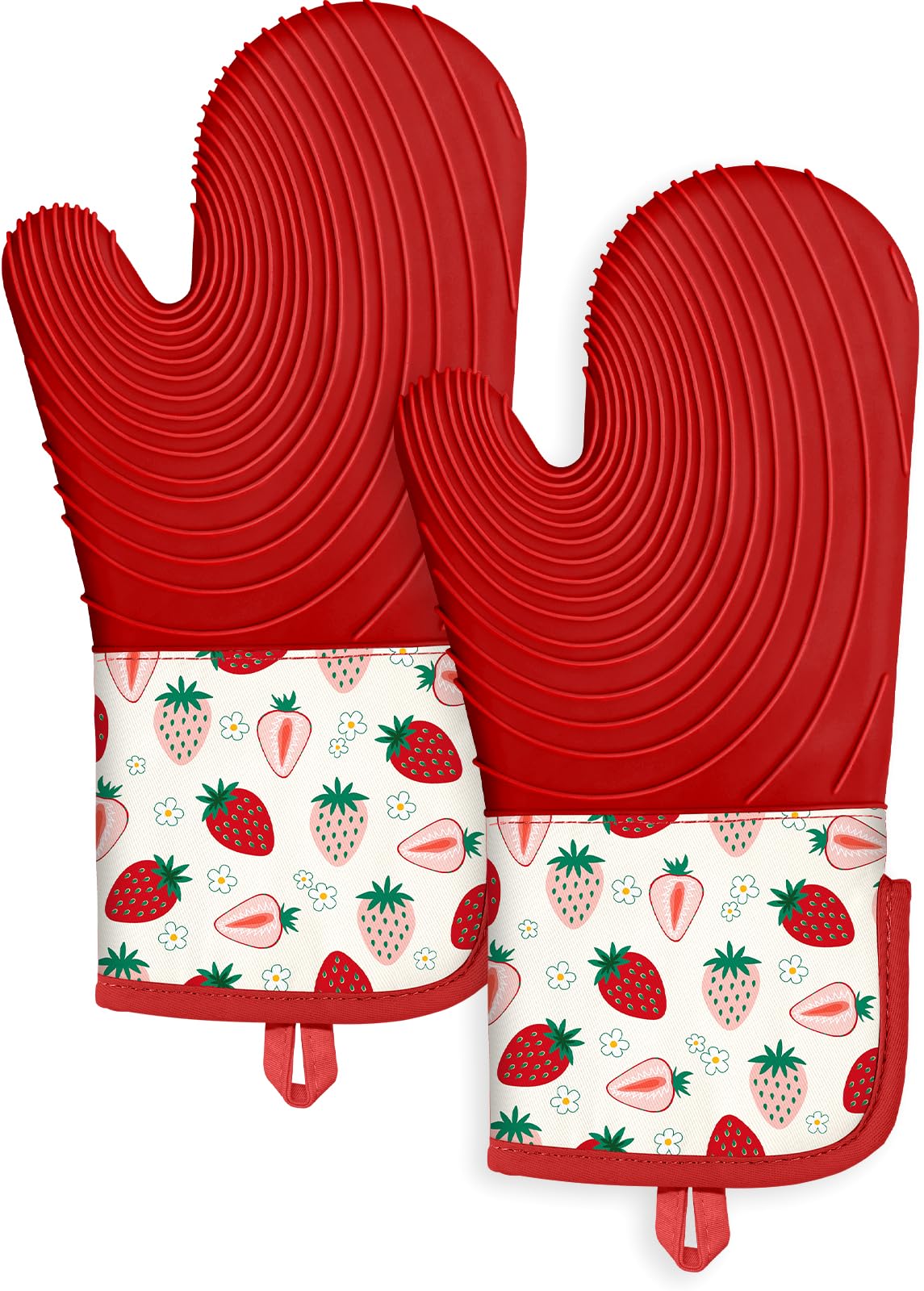 Slohif Long Silicone Oven Mitts Heat Resistant for Women - 2 Pcs Flowers 100% Cotton Oven Gloves, Non-Slip and Waterproof Silicone Oven Mitts with Hanger for Baking and Cooking