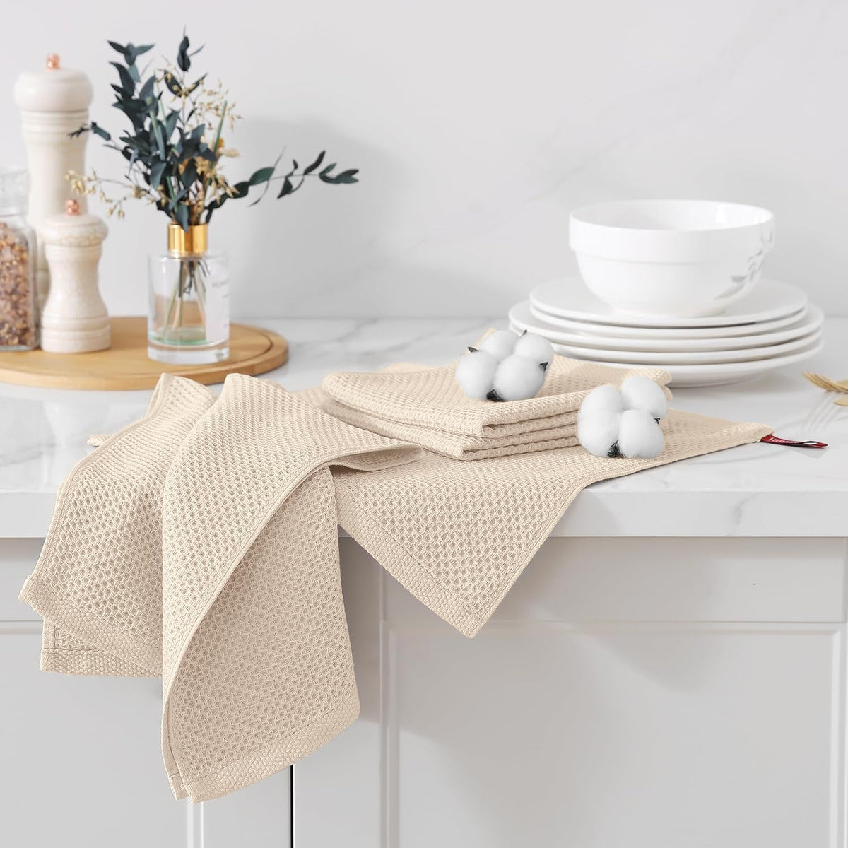 Kitinjoy 100% Cotton Kitchen Towels and Dishcloths Set, 8 Pack- Beige