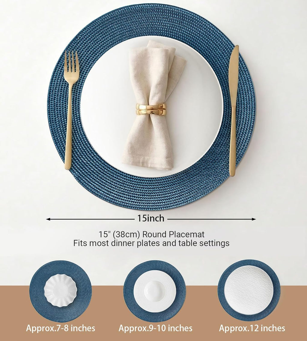 FunWheat Round Braided Placemats Set of 6 Table Mats for Dining Tables Woven Washable Non-Slip Place mats 15 in(Blue, 6pcs)