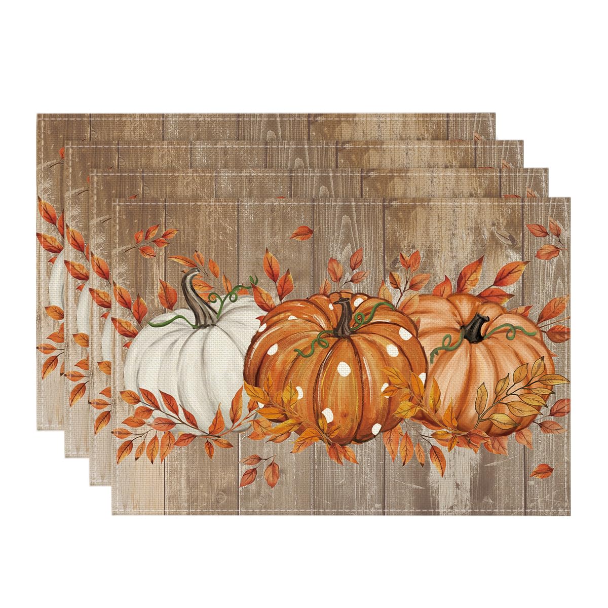 Artoid Mode Pumpkins Eucalyptus Leaves Fall Placemats Set of 4, 12x18 Inch Autumn Thanksgiving Harvest Vintage Table Mat for Party Dining Decoration
