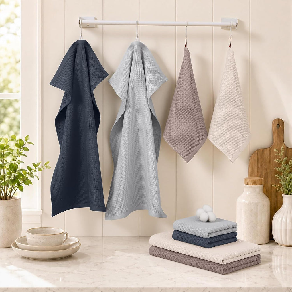 Homaxy 100% Cotton Kitchen Towels and Dishcloths Set - 8 Pack Waffle Weave Soft and Absorbent Dish Towels - 26 X 16 Inch and 12 X 12 Inch - Beige/Dark Grey/Brown/Light Grey