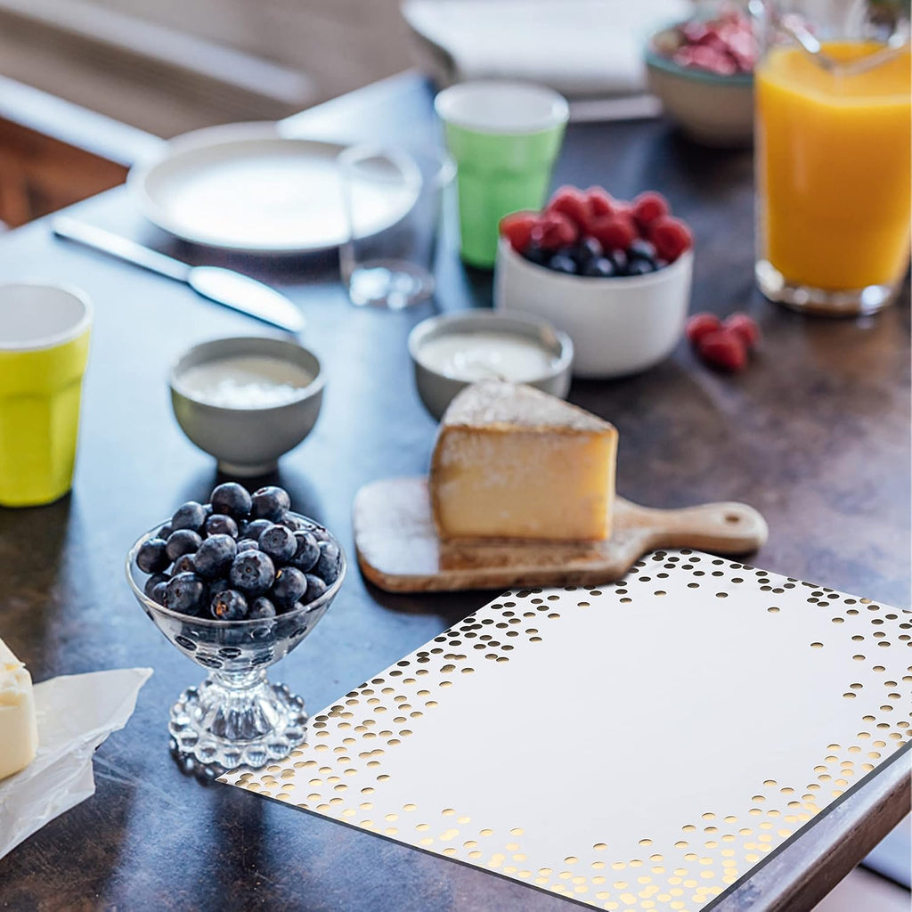 45 Pieces Gold Foil Paper Placemats White and Golden Dots Place Mats Disposable Decorative Paper Table Mats Rectangle Party Placemats for Birthday Wedding Baby Shower Party Dining Decor