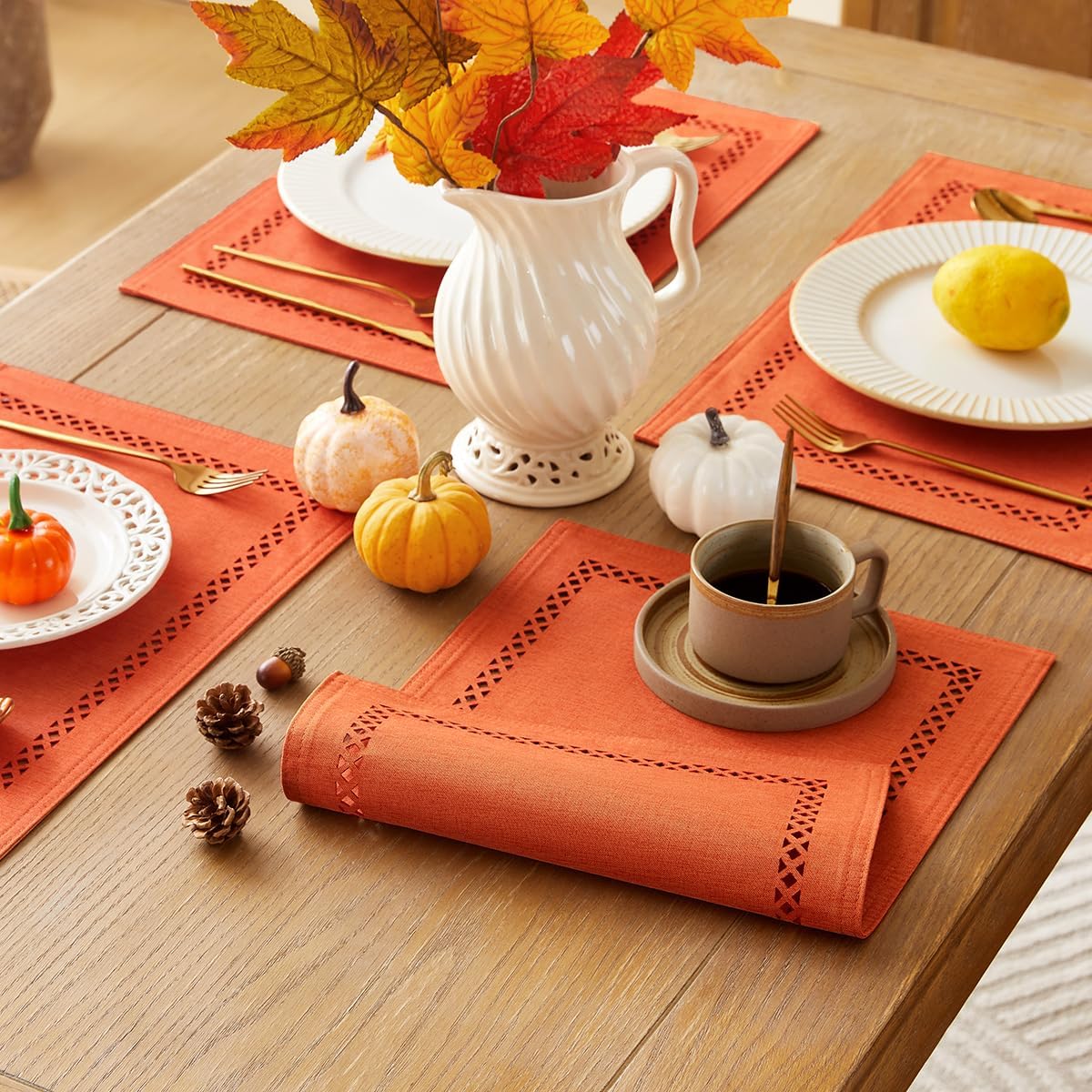 Orange Burlap Place Mats, Fall Placemats Set of 4, 12 x 18 Inch
