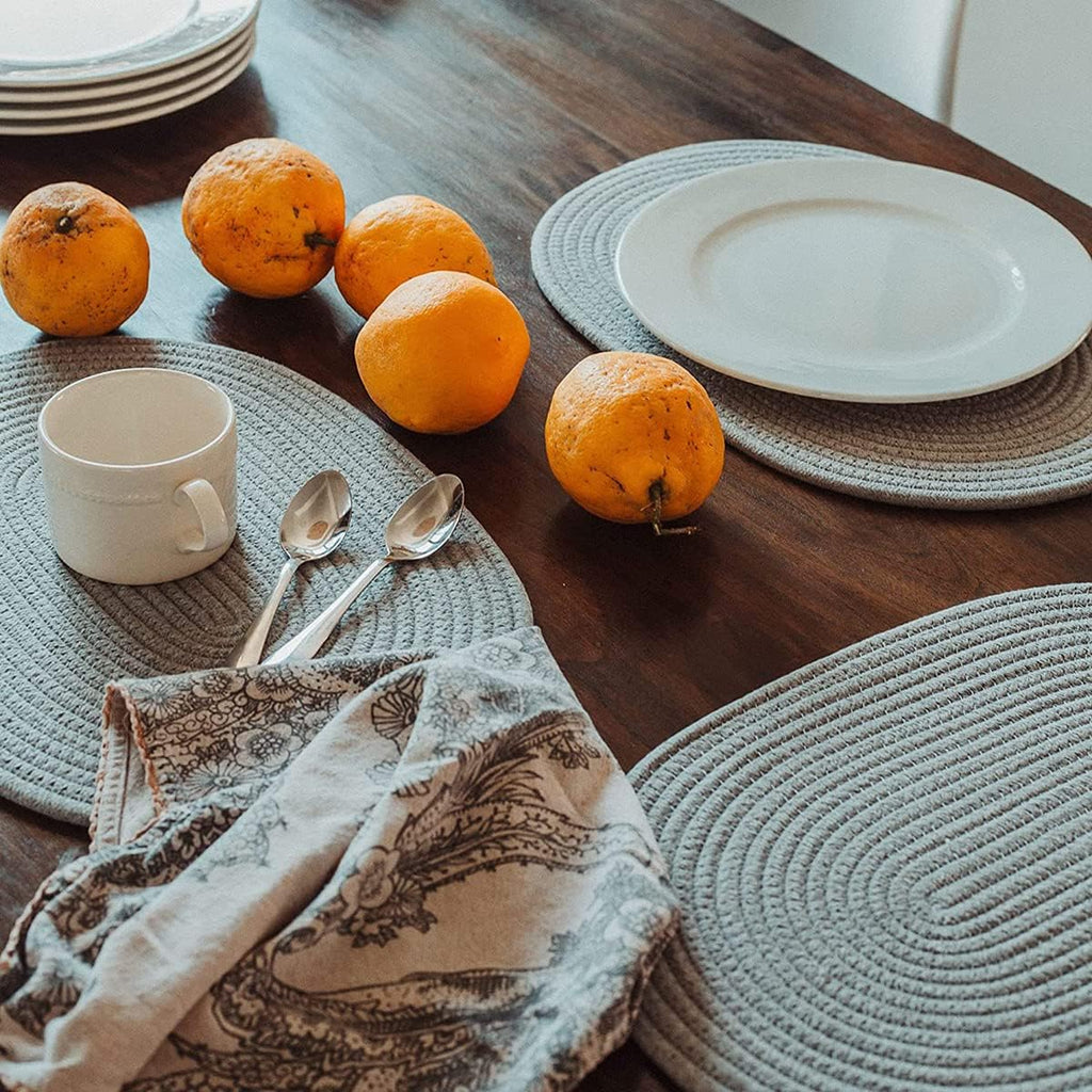 6 Pack Woven Placemats, 12x16 inches Gray Oval Plate Charger Cotton Heat Resistant Non-Slip Weave Place mats Farmhouse Straw Braided Rattan Tablemats Wicker Placemats for Dining Table