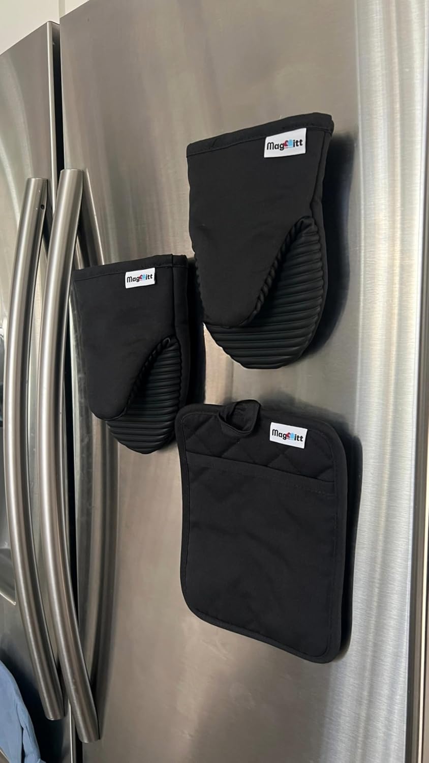 MagMitt Magnetic Oven Mitts & Pot Holder 3 Pc Set, High Heat Silicone Black